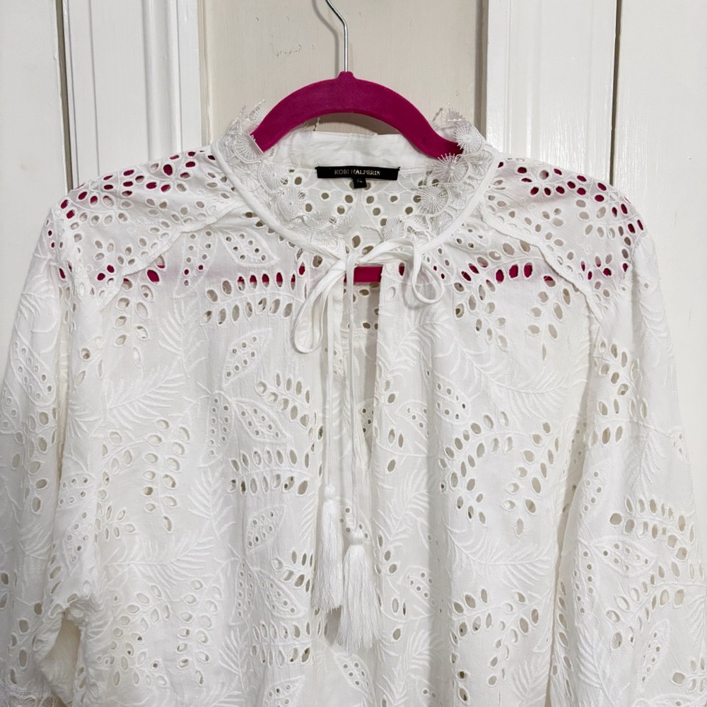 KOBI HALPERIN Winston Cotton Eyelet Blouse in White Size XL - Picture 5 of 14